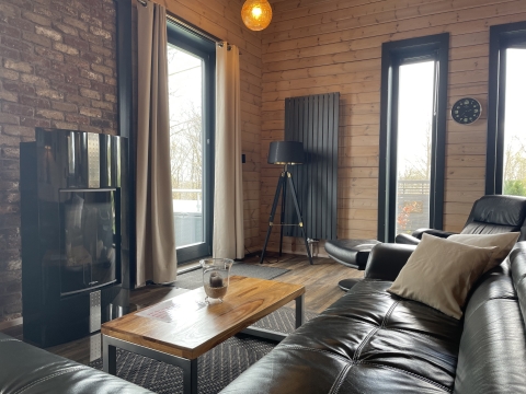 Großes Wohnzimmer mit Flat TV und Kamin im Harz