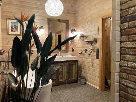 Blockhaus mit Sauna Badewanne und Dusche im Harz